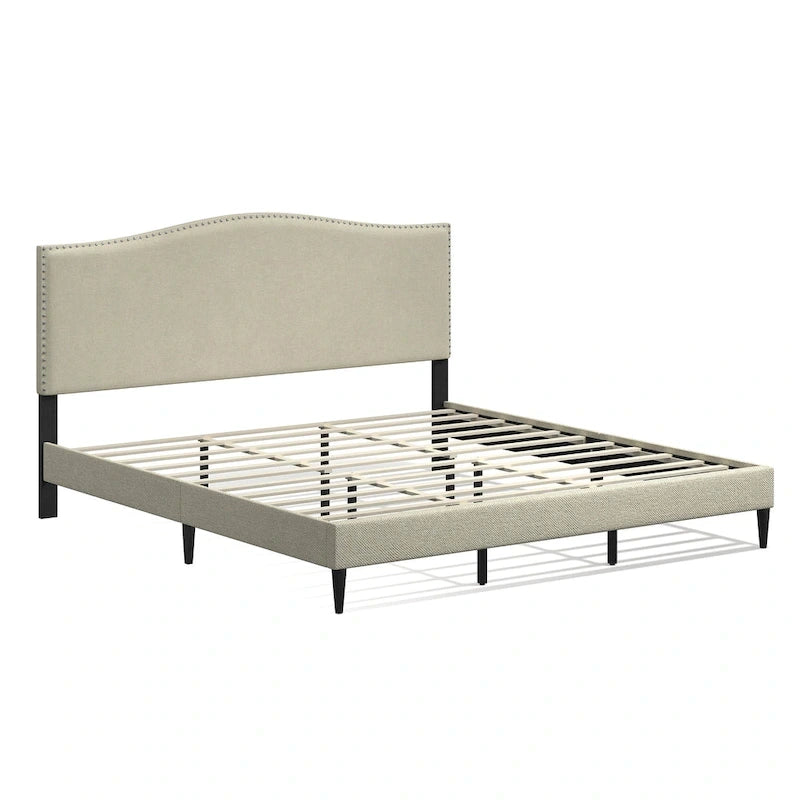 Curved Nailhead Upholstered Platform Bed with Polyester Fabric and Wood Slats