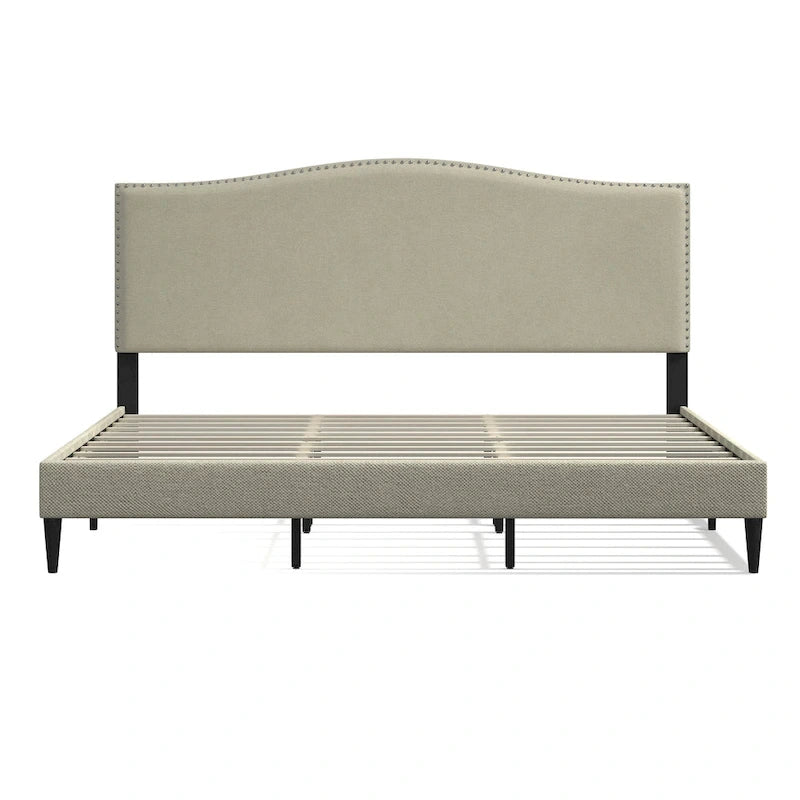 Curved Nailhead Upholstered Platform Bed with Polyester Fabric and Wood Slats