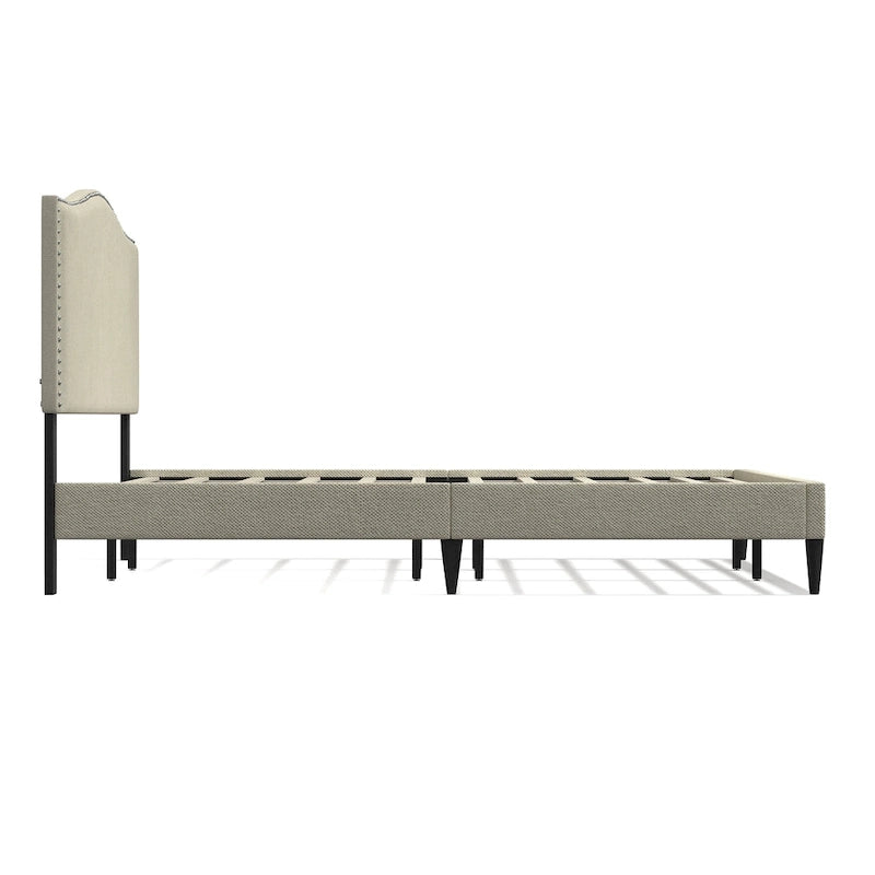 Curved Nailhead Upholstered Platform Bed with Polyester Fabric and Wood Slats