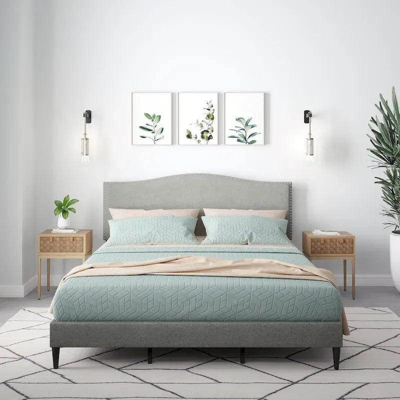 Curved Nailhead Upholstered Platform Bed with Polyester Fabric and Wood Slats