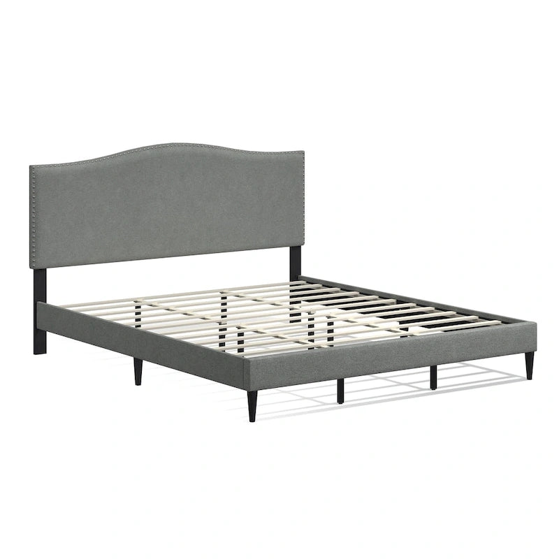 Curved Nailhead Upholstered Platform Bed with Polyester Fabric and Wood Slats
