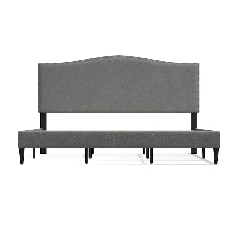 Curved Nailhead Upholstered Platform Bed with Polyester Fabric and Wood Slats