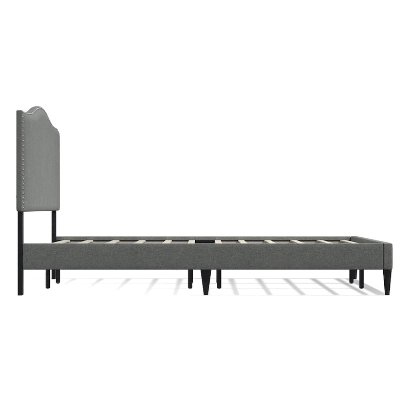 Curved Nailhead Upholstered Platform Bed with Polyester Fabric and Wood Slats
