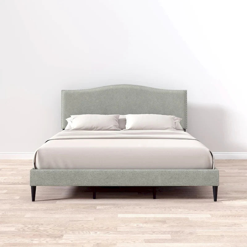 Curved Nailhead Upholstered Platform Bed with Polyester Fabric and Wood Slats