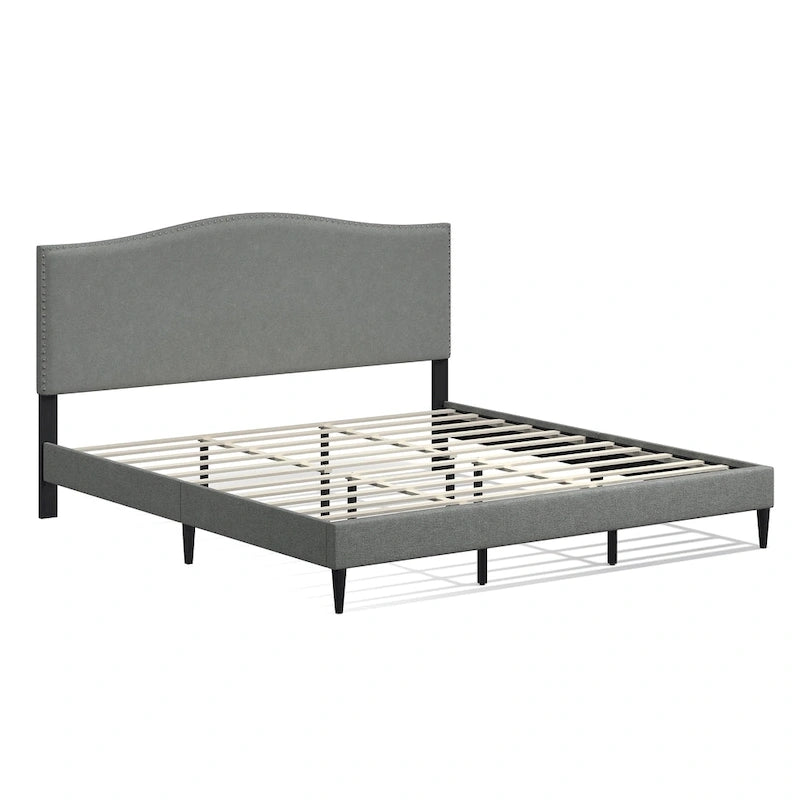Curved Nailhead Upholstered Platform Bed with Polyester Fabric and Wood Slats
