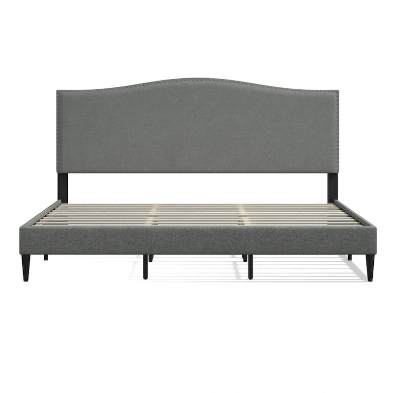 Curved Nailhead Upholstered Platform Bed with Polyester Fabric and Wood Slats