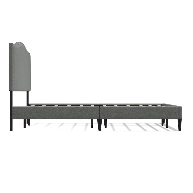 Curved Nailhead Upholstered Platform Bed with Polyester Fabric and Wood Slats