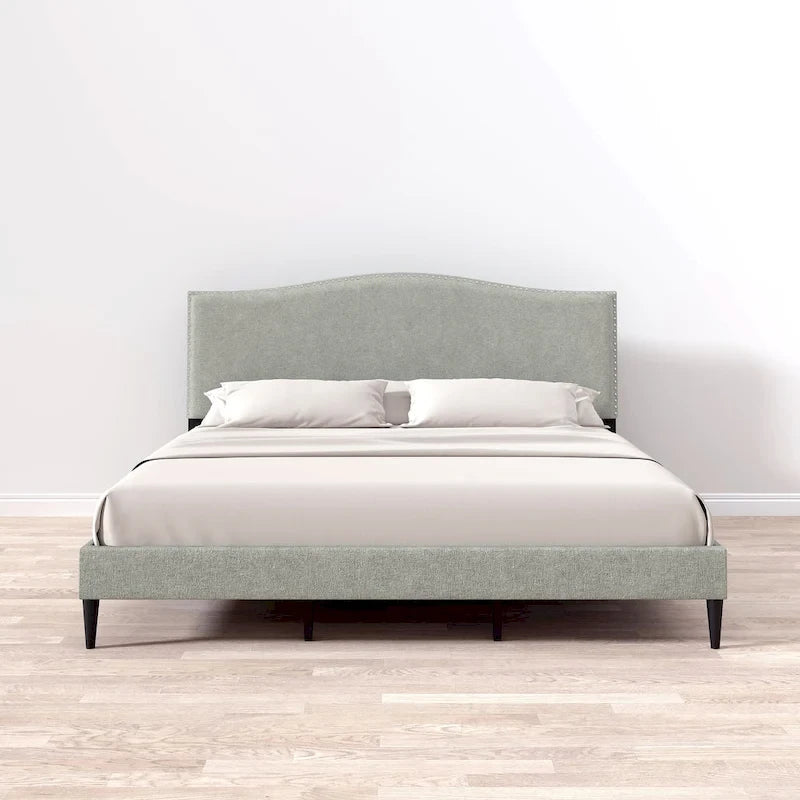 Curved Nailhead Upholstered Platform Bed with Polyester Fabric and Wood Slats