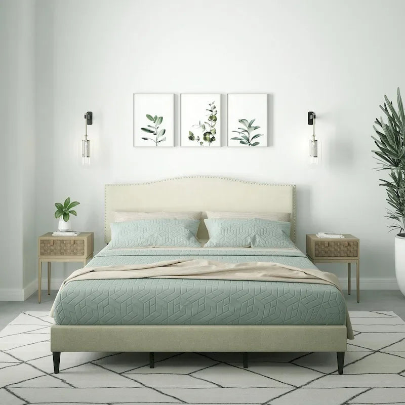 Curved Nailhead Upholstered Platform Bed with Polyester Fabric and Wood Slats