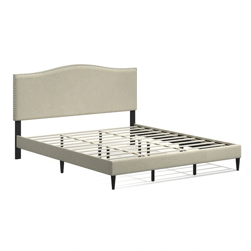 Curved Nailhead Upholstered Platform Bed with Polyester Fabric and Wood Slats