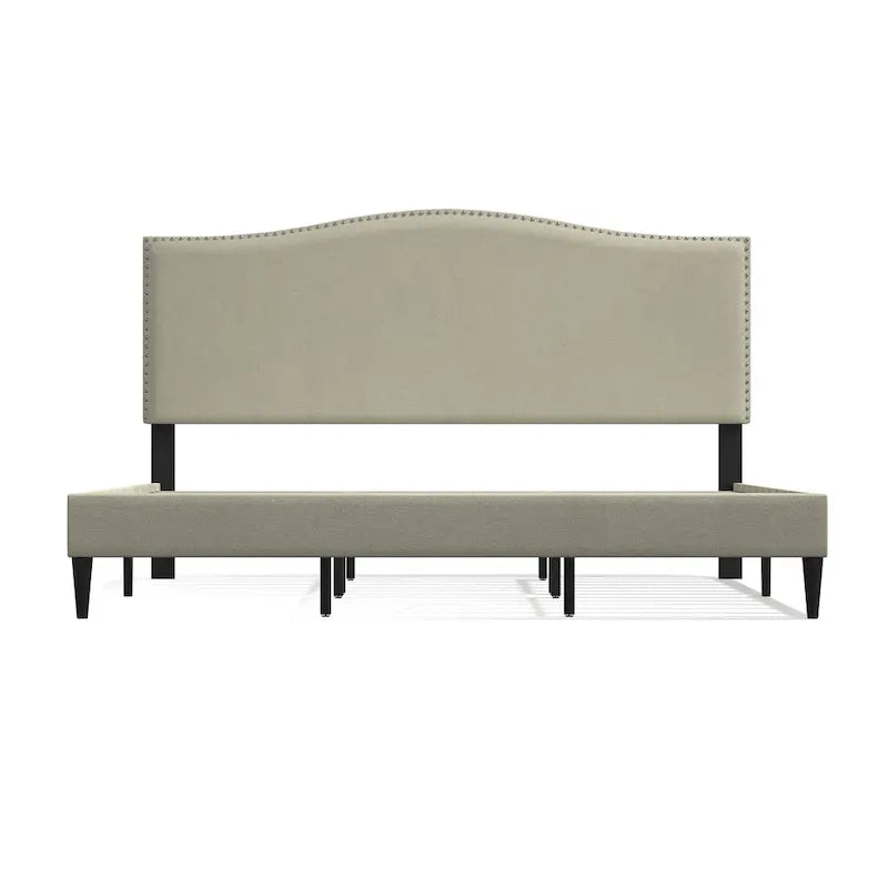 Curved Nailhead Upholstered Platform Bed with Polyester Fabric and Wood Slats
