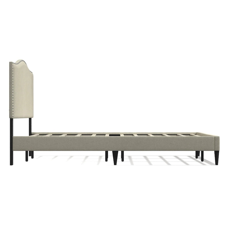 Curved Nailhead Upholstered Platform Bed with Polyester Fabric and Wood Slats