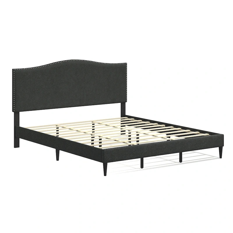 Curved Nailhead Upholstered Platform Bed with Polyester Fabric and Wood Slats