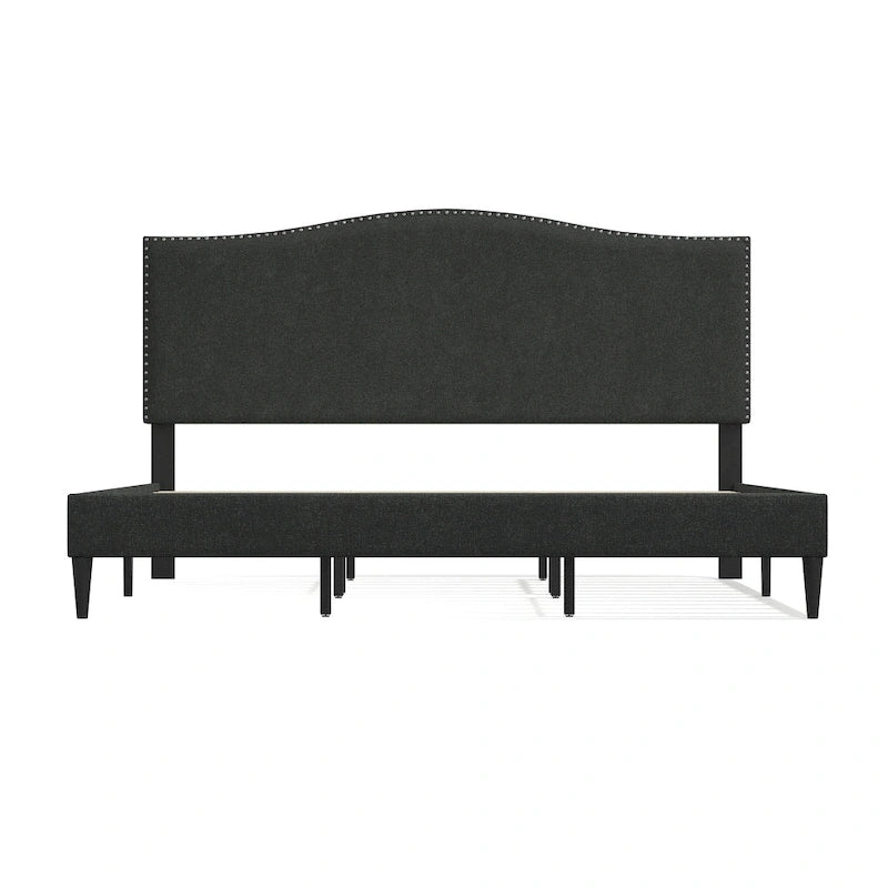 Curved Nailhead Upholstered Platform Bed with Polyester Fabric and Wood Slats