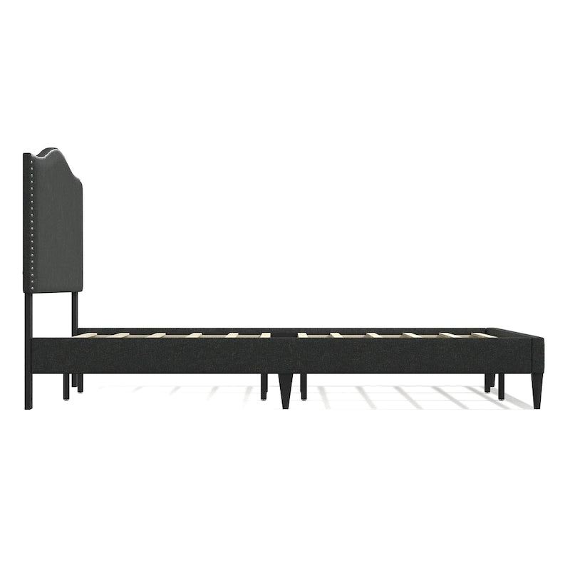 Curved Nailhead Upholstered Platform Bed with Polyester Fabric and Wood Slats