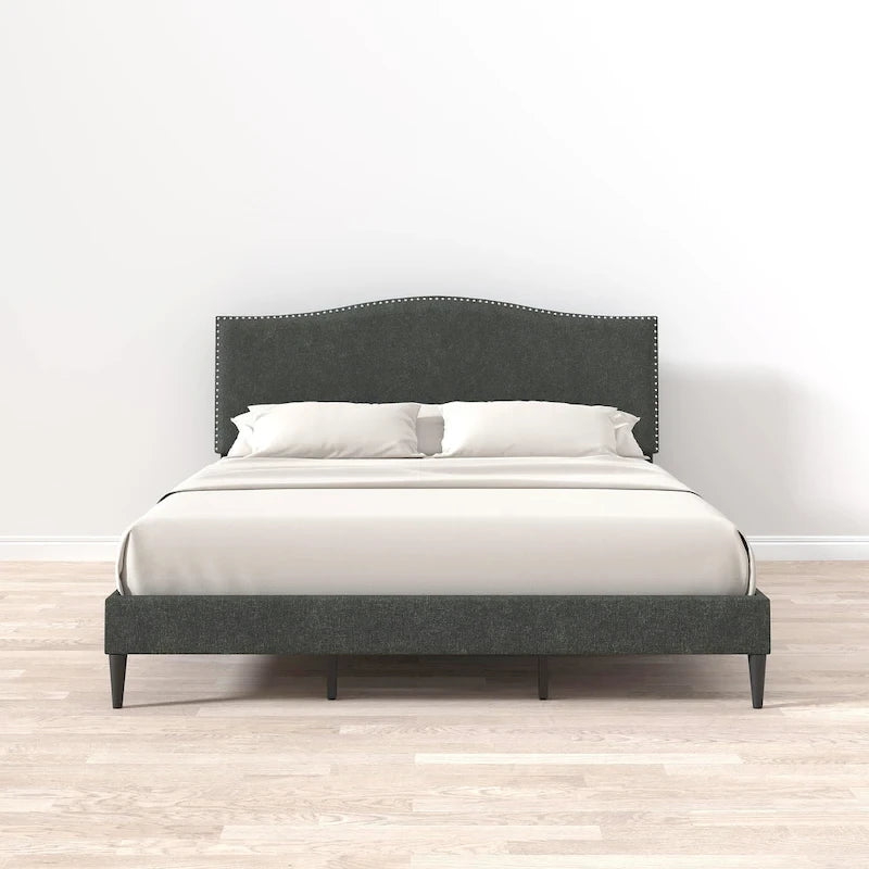 Curved Nailhead Upholstered Platform Bed with Polyester Fabric and Wood Slats
