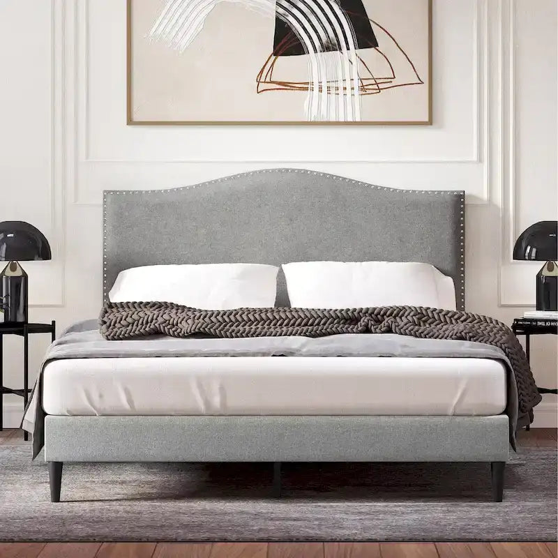 Curved Nailhead Upholstered Platform Bed with Polyester Fabric and Wood Slats