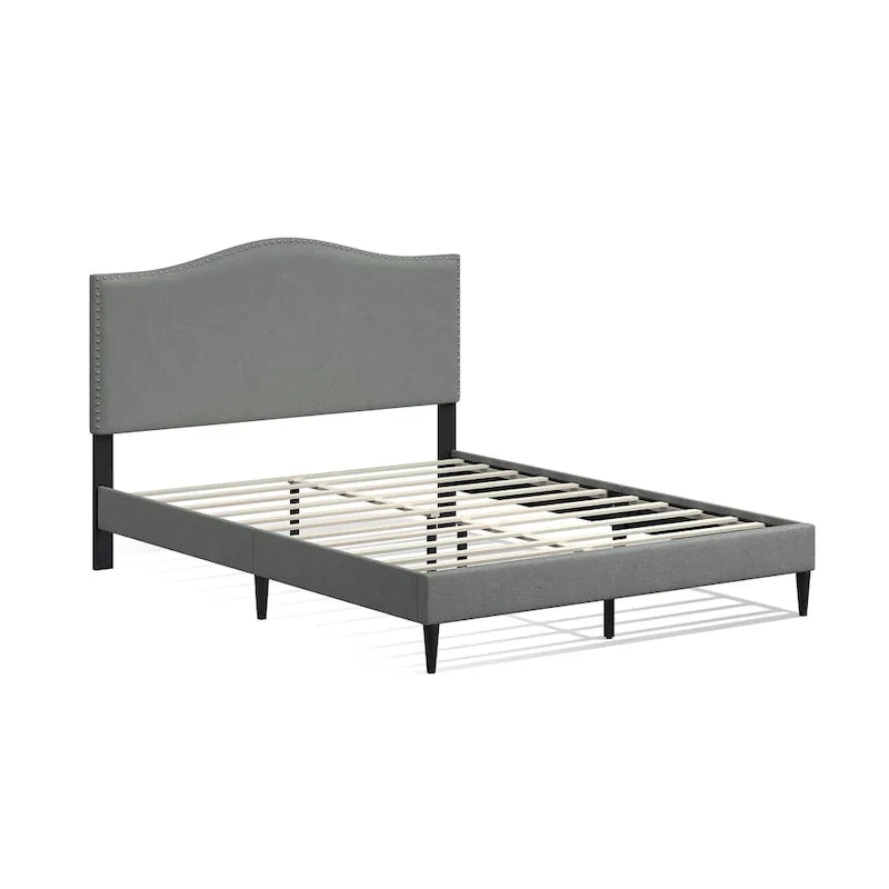 Curved Nailhead Upholstered Platform Bed with Polyester Fabric and Wood Slats