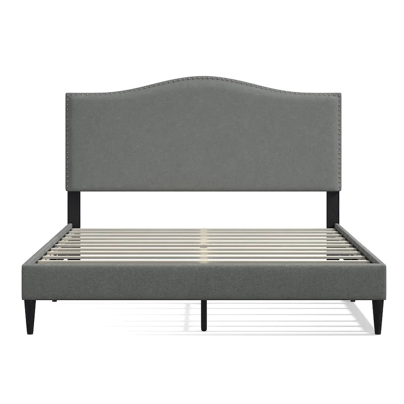 Curved Nailhead Upholstered Platform Bed with Polyester Fabric and Wood Slats