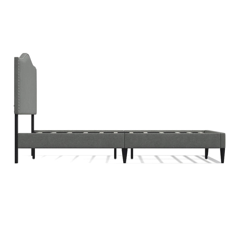 Curved Nailhead Upholstered Platform Bed with Polyester Fabric and Wood Slats