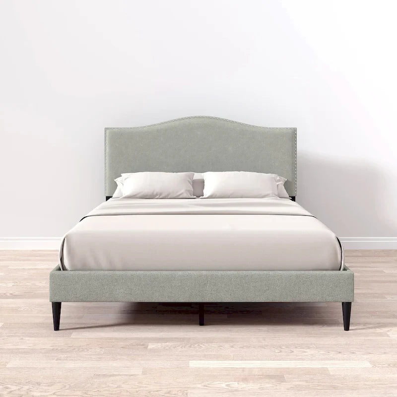 Curved Nailhead Upholstered Platform Bed with Polyester Fabric and Wood Slats