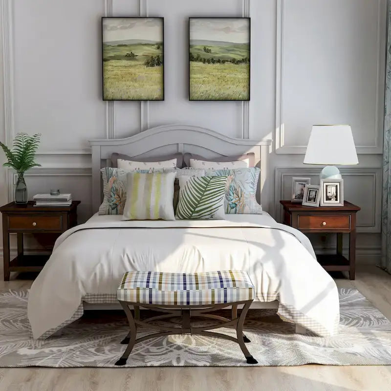 Traditional Curved Panel Headboard Solid Pine Platform Bed in White or Grey