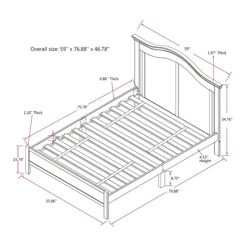 Traditional Curved Panel Headboard Solid Pine Platform Bed in White or Grey