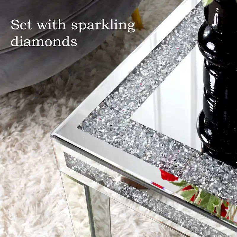 Rectangle Coffee Table with Crystal Inlay Mirrored Silver Center Table