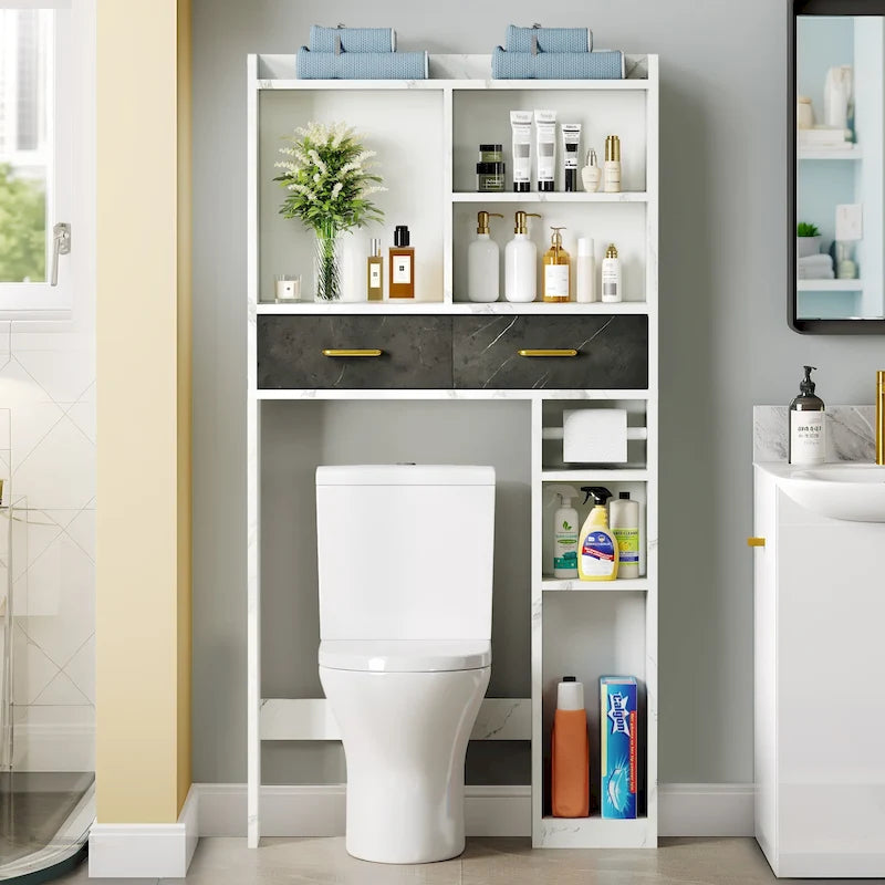 White Marble Look Over Toilet Storage Organizer with Drawers and Shelves