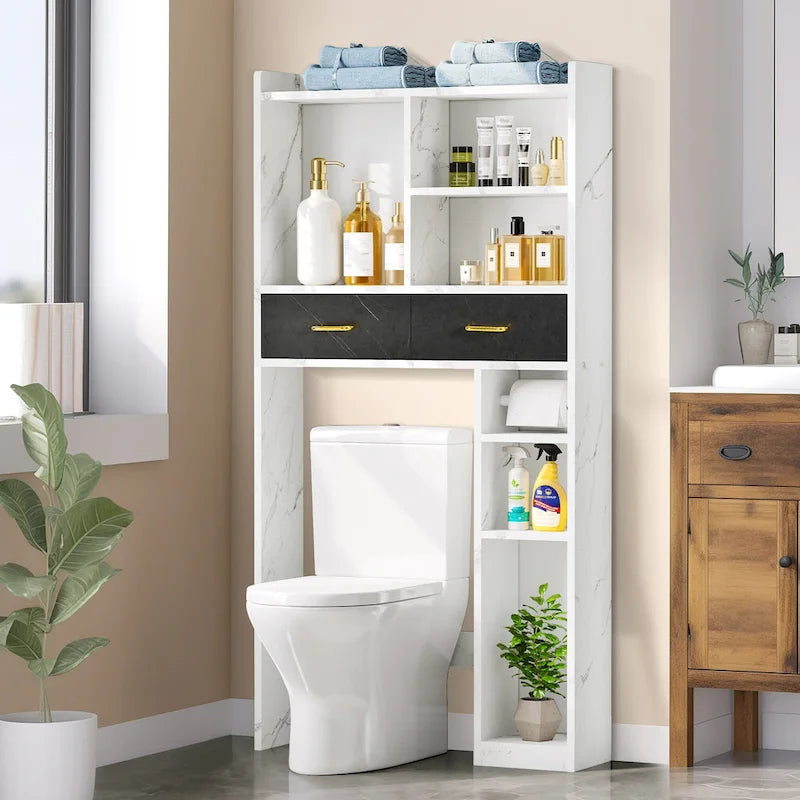 White Marble Look Over Toilet Storage Organizer with Drawers and Shelves