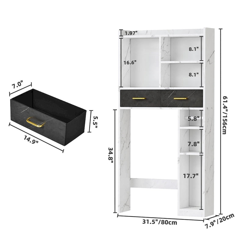 White Marble Look Over Toilet Storage Organizer with Drawers and Shelves