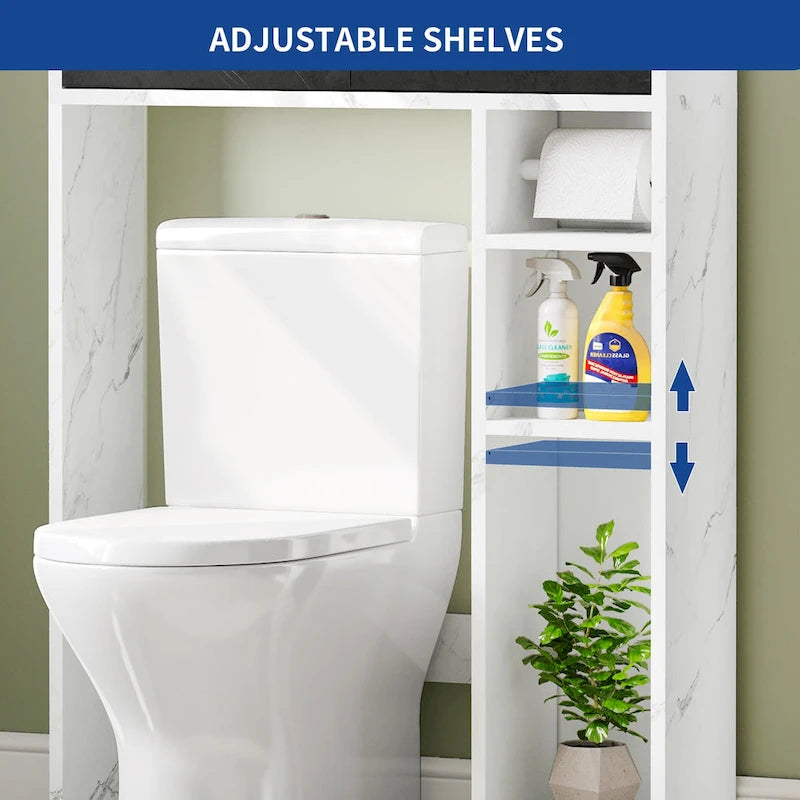 White Marble Look Over Toilet Storage Organizer with Drawers and Shelves