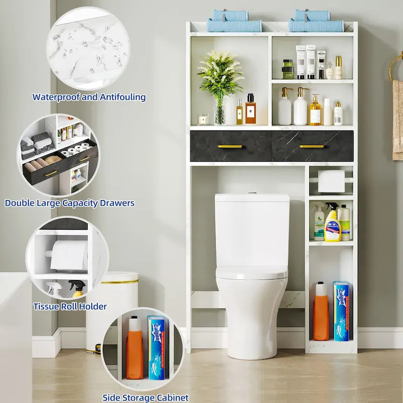White Marble Look Over Toilet Storage Organizer with Drawers and Shelves
