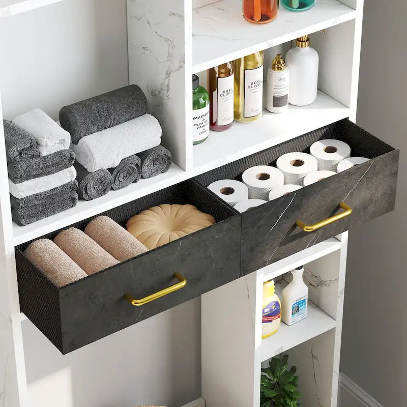 White Marble Look Over Toilet Storage Organizer with Drawers and Shelves