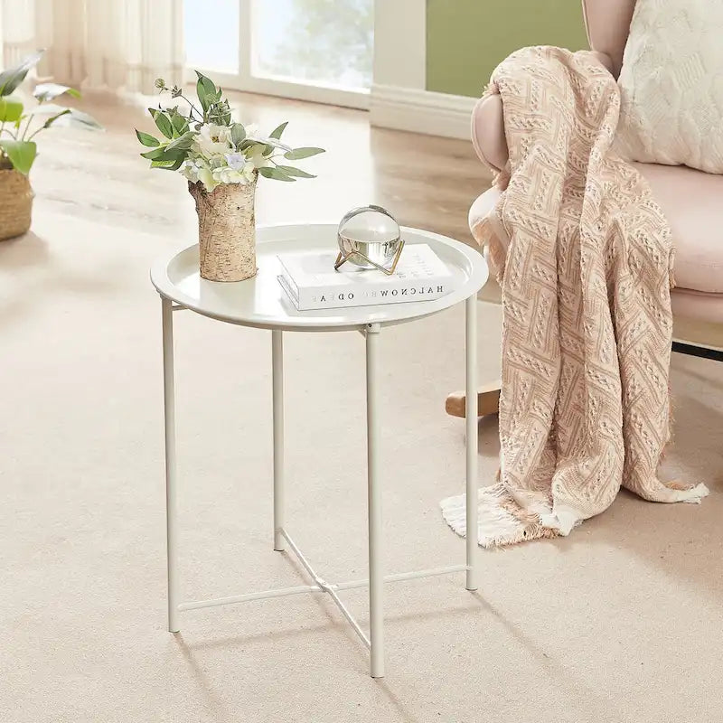 Beige Round Metal Side Table with Removable Tray and Spindle Legs