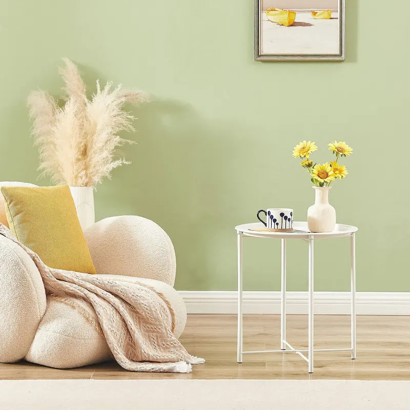 Beige Round Metal Side Table with Removable Tray and Spindle Legs