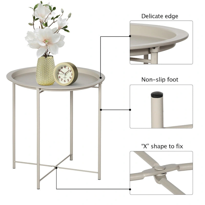 Beige Round Metal Side Table with Removable Tray and Spindle Legs