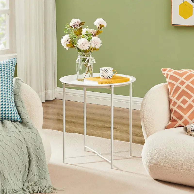 Beige Round Metal Side Table with Removable Tray and Spindle Legs