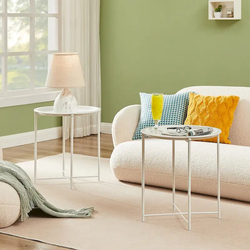 Beige Round Metal Side Table with Removable Tray and Spindle Legs