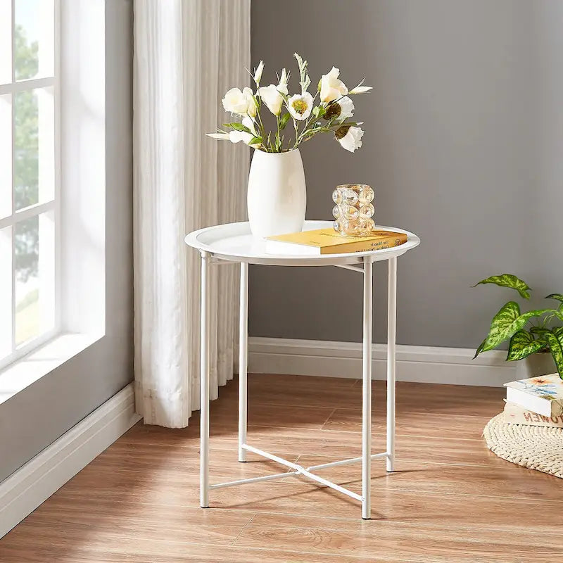 Beige Round Metal Side Table with Removable Tray and Spindle Legs