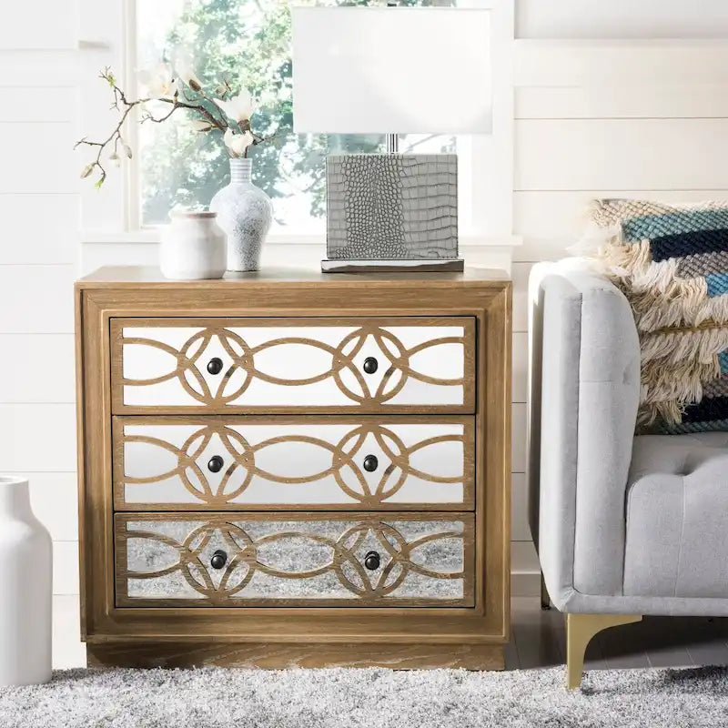 Mirrored Three Drawer Storage Chest with Decorative Patterned Front