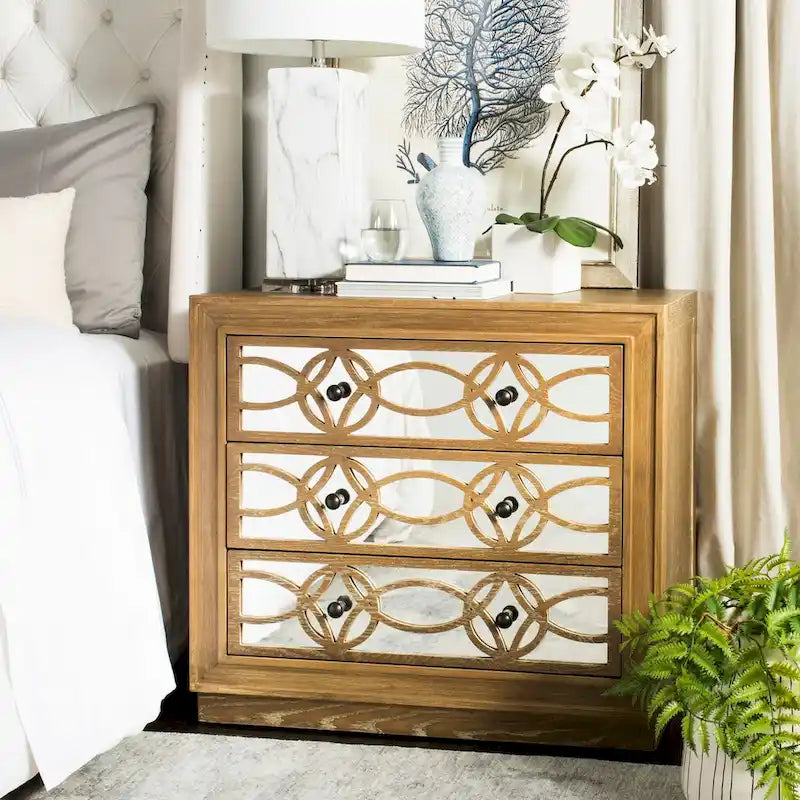 Mirrored Three Drawer Storage Chest with Decorative Patterned Front