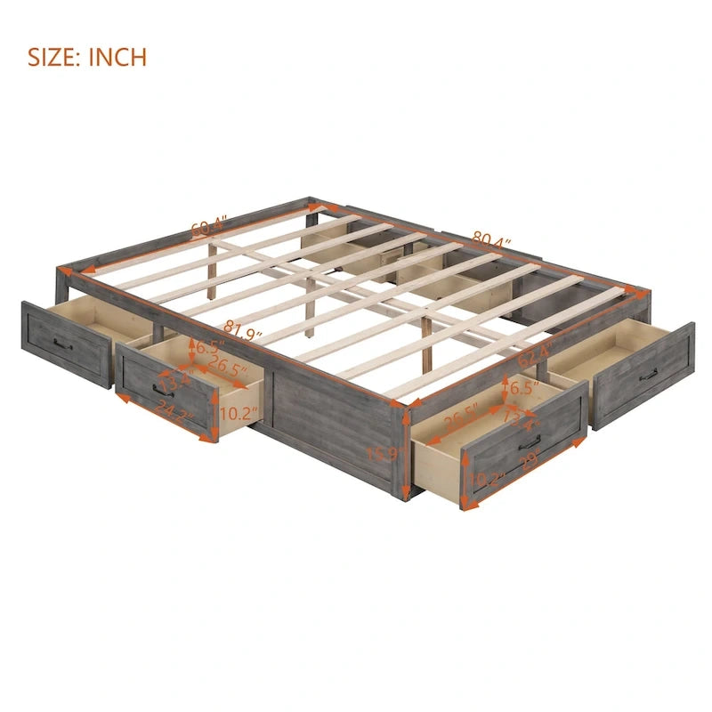 Queen Size Platform Bed with 6 Storage Drawers