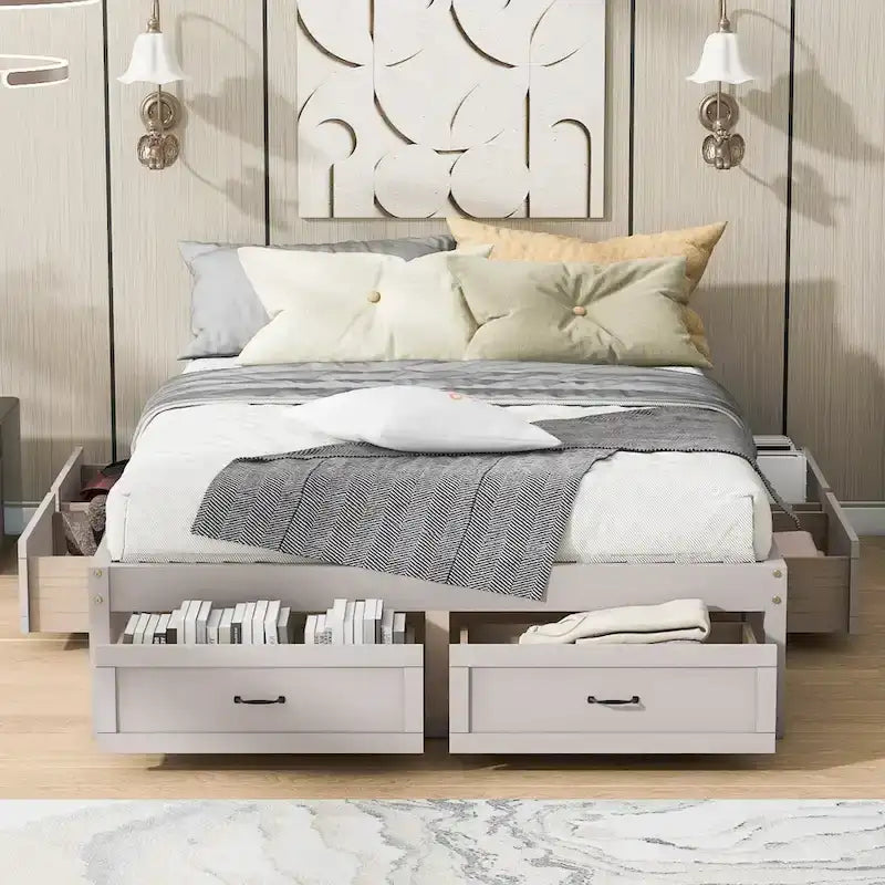 Queen Size Platform Bed with 6 Storage Drawers