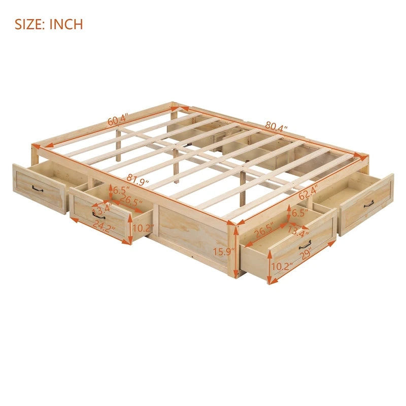 Queen Size Platform Bed with 6 Storage Drawers