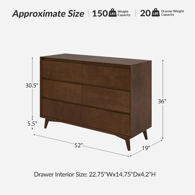 Mid Century Six Drawer Nursery Dresser with Solid Wood Legs