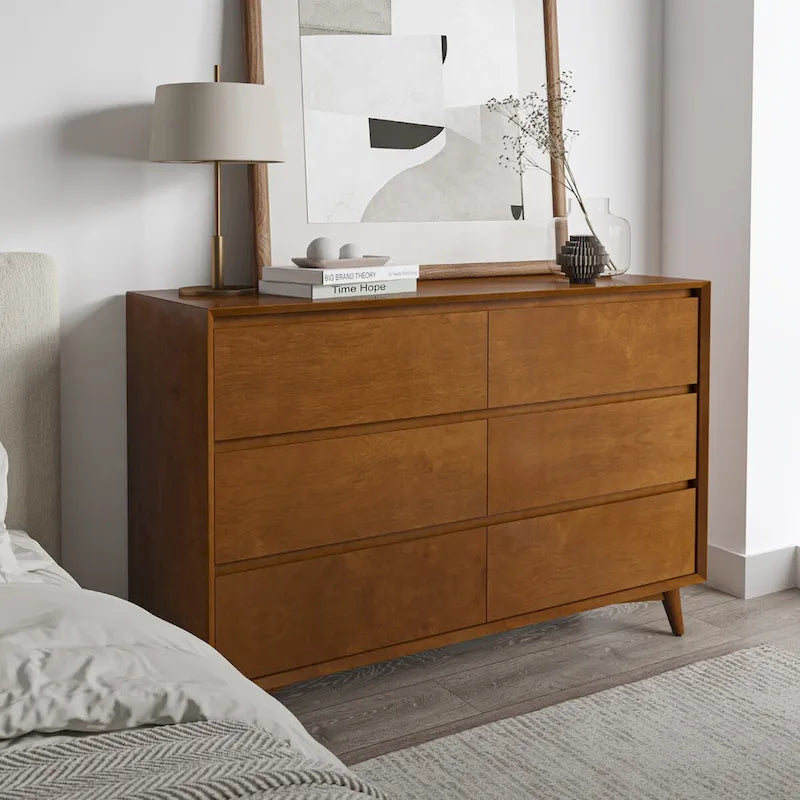 Mid Century Six Drawer Nursery Dresser with Solid Wood Legs