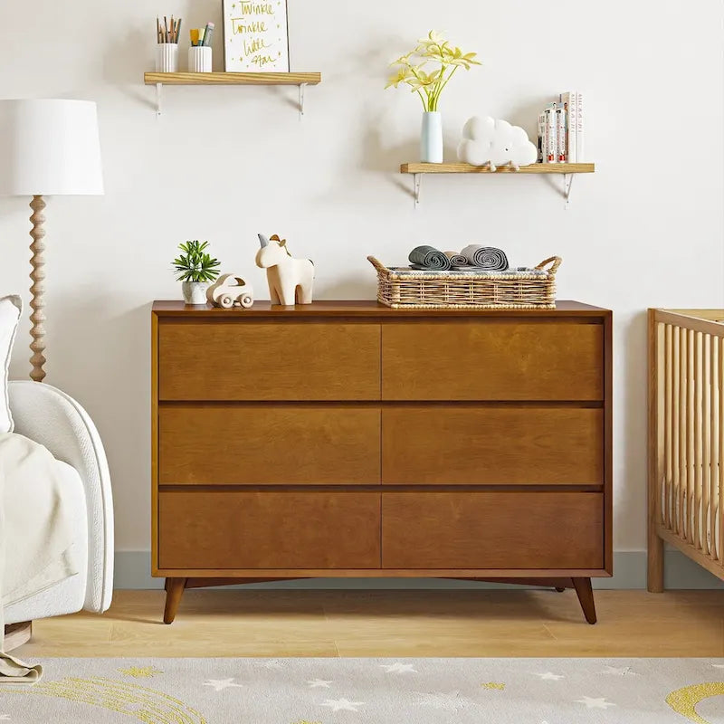 Mid Century Six Drawer Nursery Dresser with Solid Wood Legs