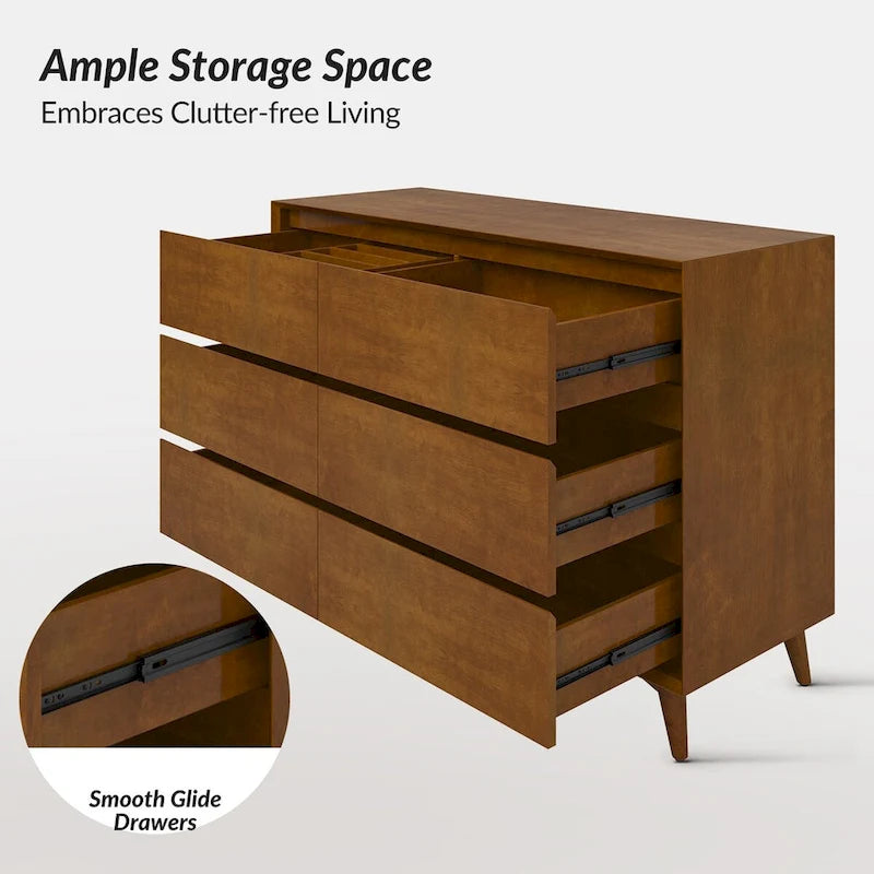 Mid Century Six Drawer Nursery Dresser with Solid Wood Legs
