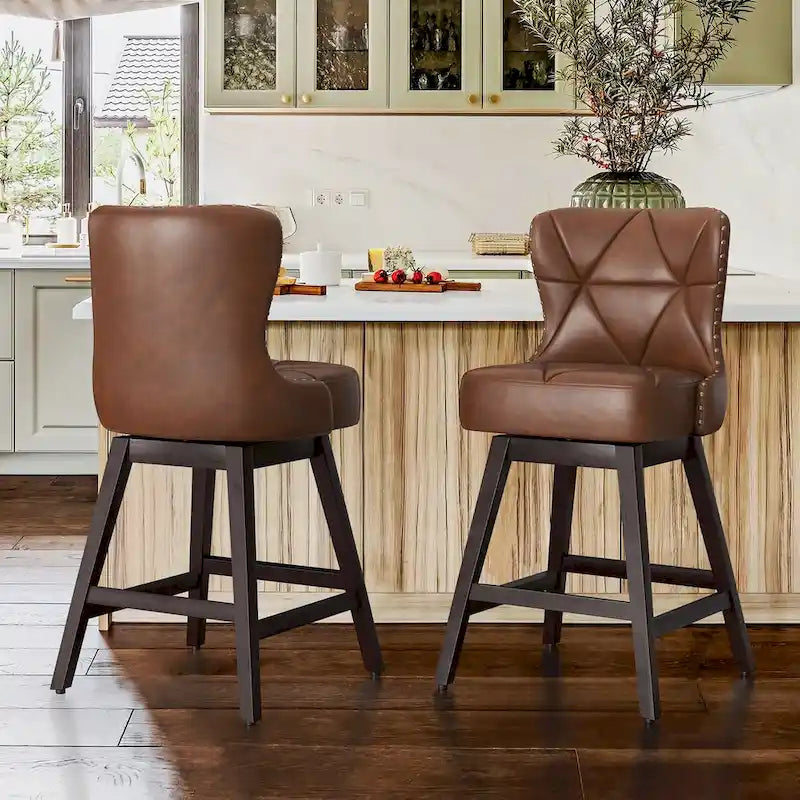 Modern Upholstered Swivel Bar Stool with Curved Back and Wood Frame